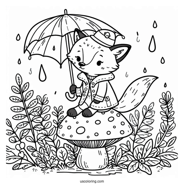 Fox Coloring Page In A Raincoat With Umbrella Standing On A Mushroom