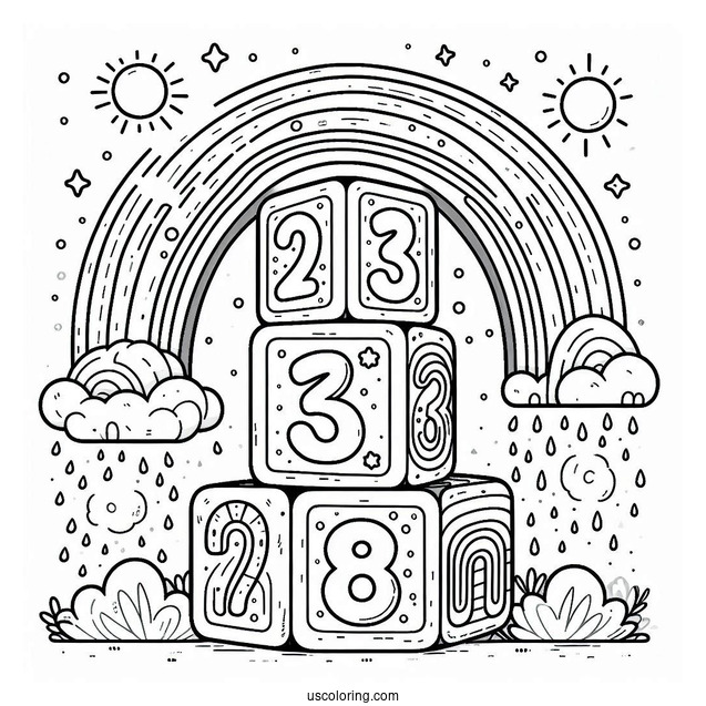 Tall Numberblocks Coloring Page 7 With Rainbows