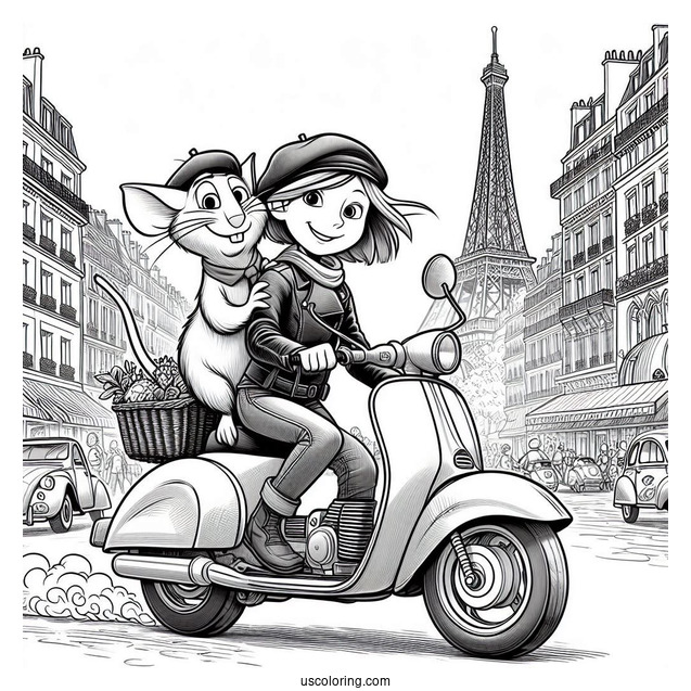 Colette, Alfredo, And Ratatouille Coloring Page Riding A Motorcycle In Paris
