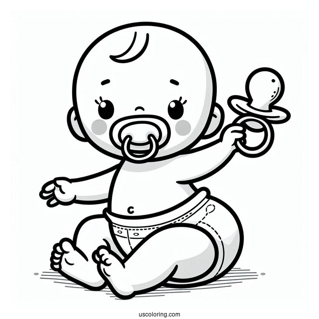 Simple Baby Coloring Page In A Diaper Wearing A Pacifier For Kids