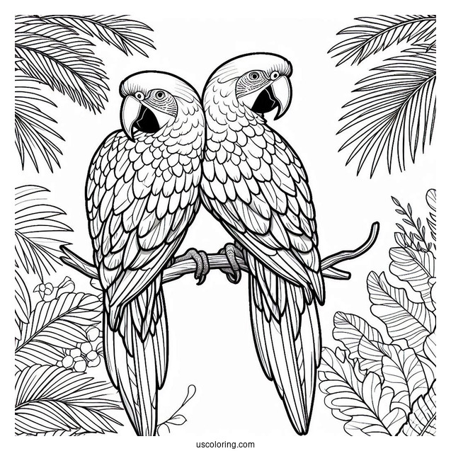 Two Macau Parrots In The Jungle Coloring Page