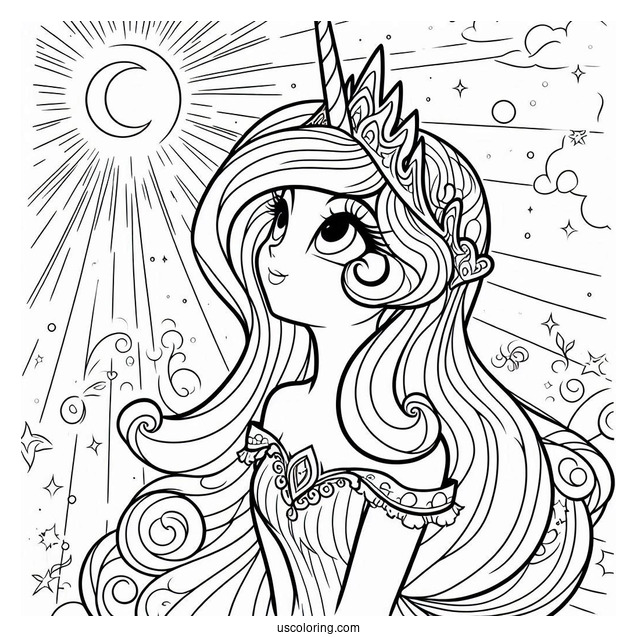 Princess Celestia Coloring Page Looking Up At The Sun
