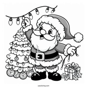 Jolly Santa Haning Up Christmas Lights To Color