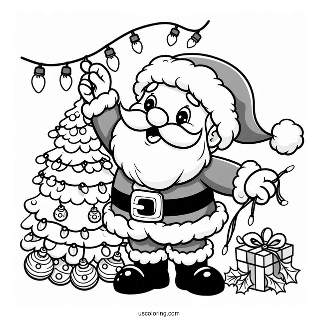 Jolly Santa Haning Up Christmas Lights To Color