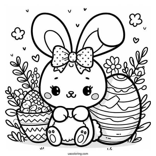 Easter Coloring Page Of Easy Kawaii Easter Bunny With Bow For Preschoolers