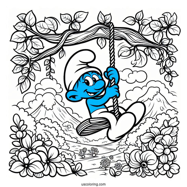 Wild Smurf Swinging On Vines Coloring In