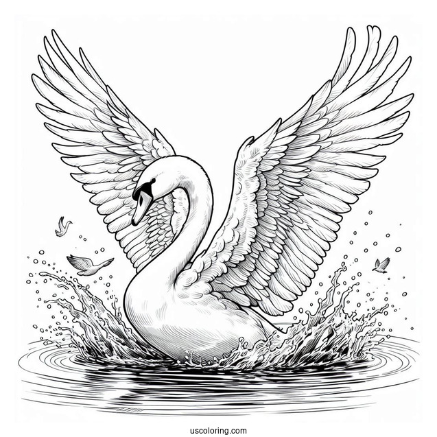 Realistic Adult Swan Coloring Page Slapping Wings In Pond