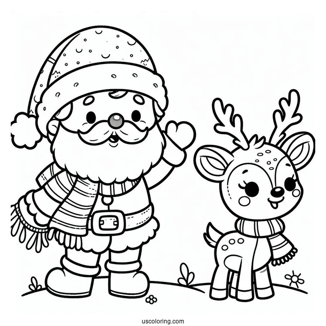 Cute Santa Waving With Rudolph Coloring Page Beside Him For Kids