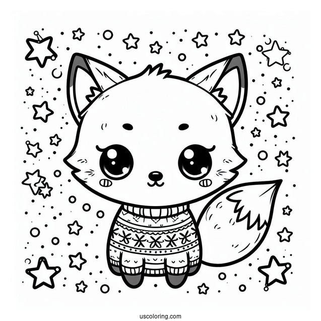 Kawaii Fox Coloring Page In A Snowflake Sweater Surrounded By Stars