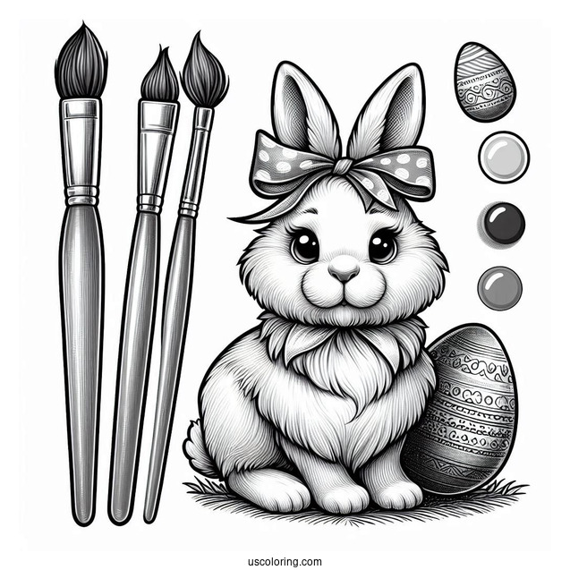 Realistic Easter Bunny Coloring Page With Bow, Paintbrush, And Eggs