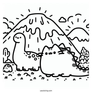 Dinosaur Pusheen Next To Volcano To Color