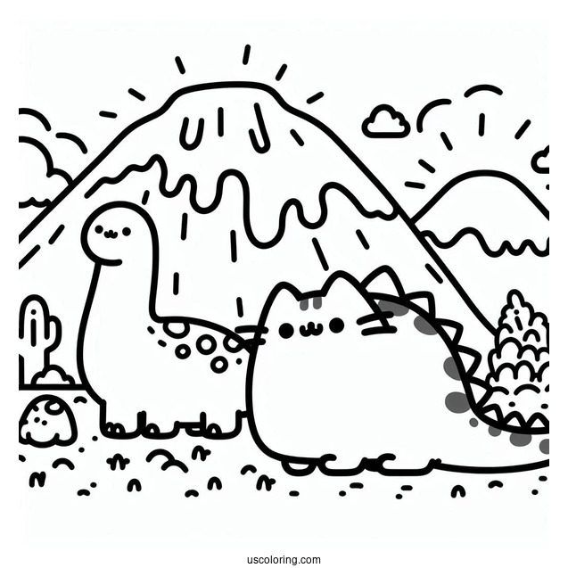Dinosaur Pusheen Next To Volcano To Color