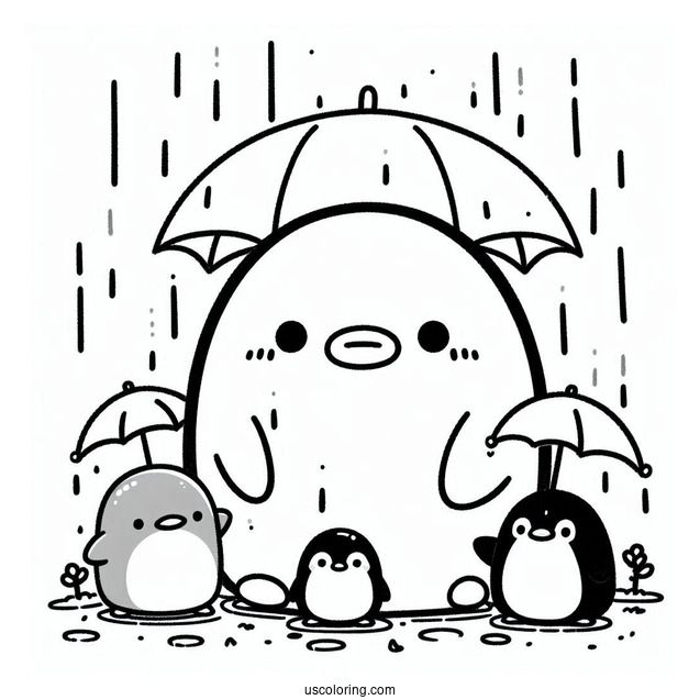 Sumikko Gurashi Coloring Page Of Tokage With Penguin And Minnikos Under The Rain