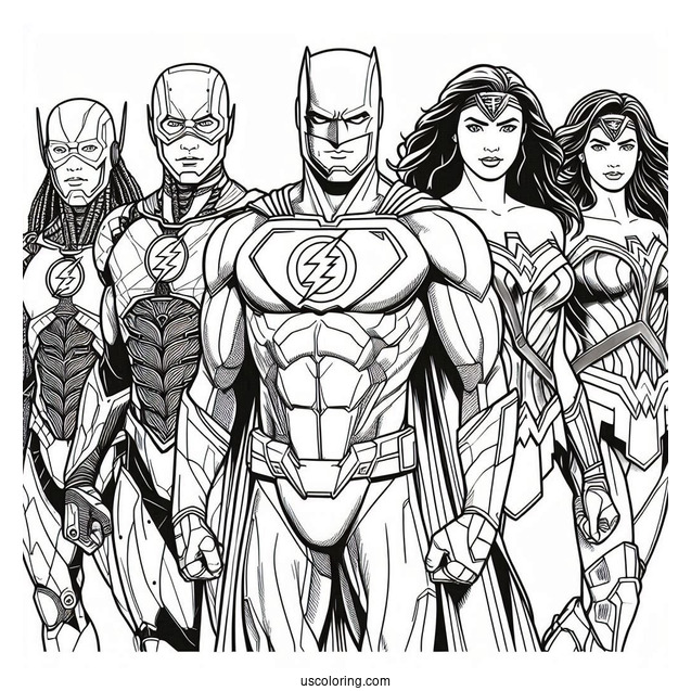 Justice League Coloring Page Of Cyborg, Green Lantern, Flash, Wonder Woman, Batman, And Superman