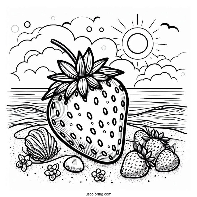 Juicy Strawberry On Beach Coloring Page