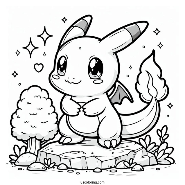 Kawaii Charizard Standing On A Rock Coloring Sheet
