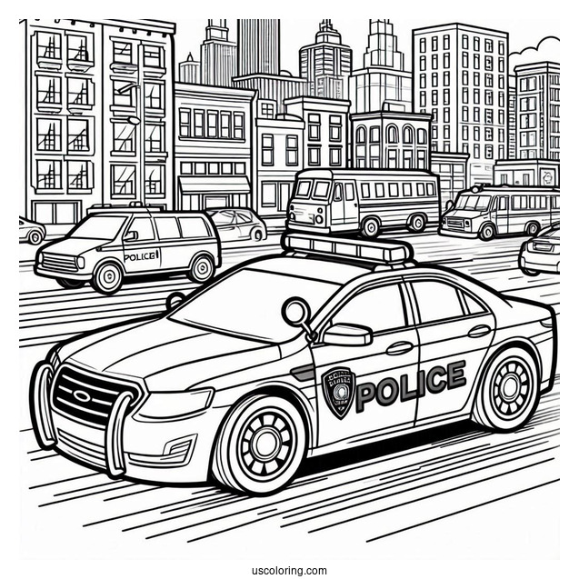 Coloring Page Of Police Car Driving In City