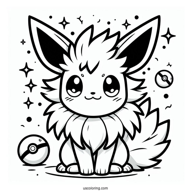 Cute Jolteon Coloring Page With Pokeballs In Background For Kids