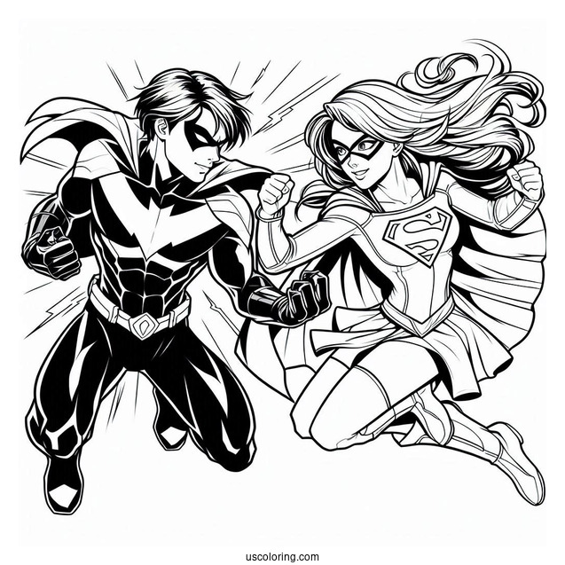 Nightwing And Supergirl Coloring Page Fighting Bad Guys