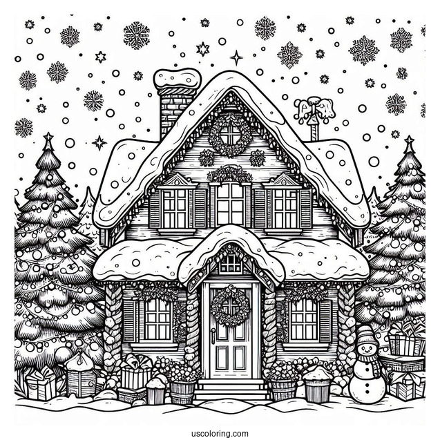 Christmas Coloring Pages For Adults Of House Covered In Snow On Christmas Day