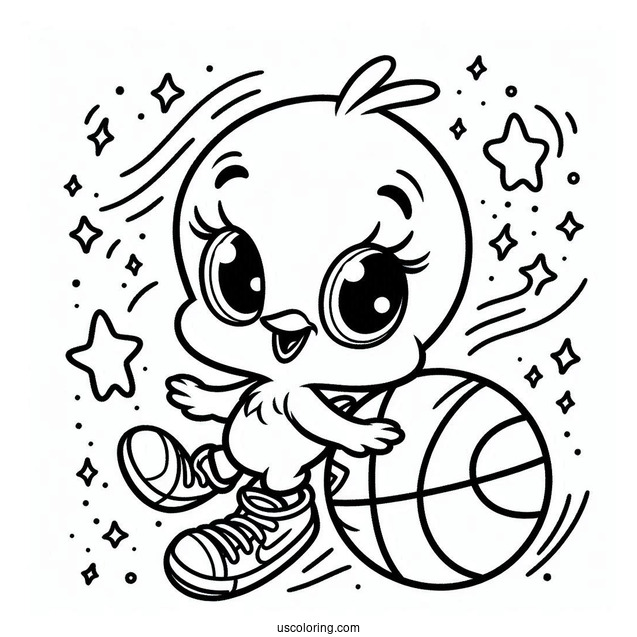 Kawaii Tweety Bird With Basketball Coloring Sheet For Preschoolers