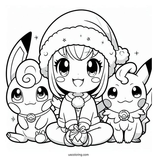 Pokemon Christmas Coloring Page Pikachu, Jigglypuff, Charmander, And Bulbasaur Wearing Santa Hat