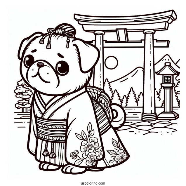 Pug Coloring Page in Kimono at Japanese Torii Gate For Kids