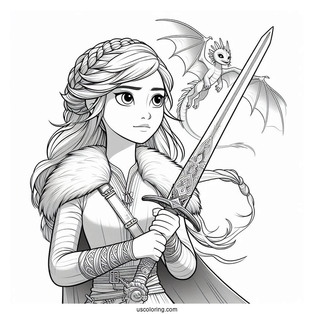 Raya And The Last Dragon Coloring Page Holding Her Sword With Sisu Flying In The Background