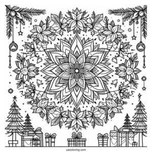 Christmas Mandala Coloring Page Of Have A Merry Little Christmas Mandala With Trees, Presents, And Poinsettias