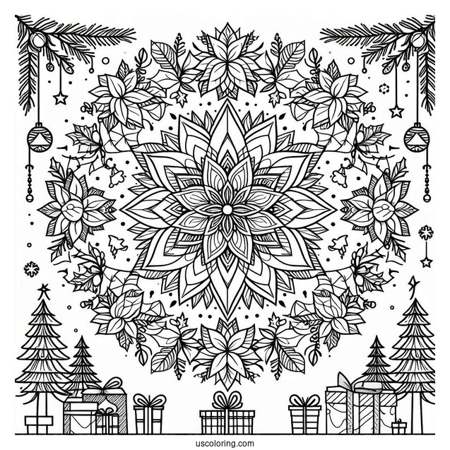 Christmas Mandala Coloring Page Of Have A Merry Little Christmas Mandala With Trees, Presents, And Poinsettias