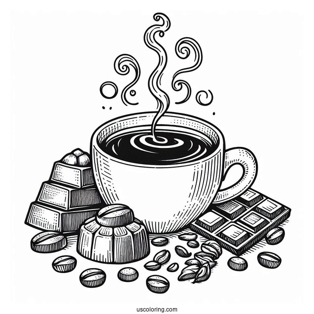 Steaming Coffee Coloring Pages Of Art With Pieces Of Chocolate