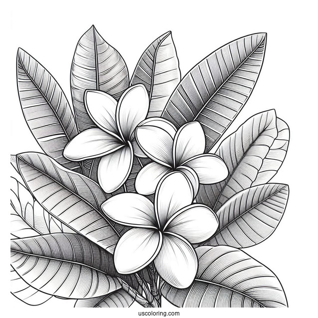 Flower Coloring Pages Of Plumerias On Large Leaves