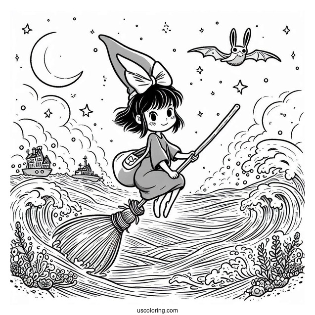 Studio Ghibli Coloring Page of Kiki s Delivery Service Riding Broom With Jiji Over Ocean