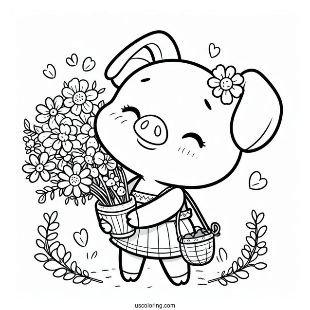 Easy Piglet Coloring Page Holding Flowers For Kids