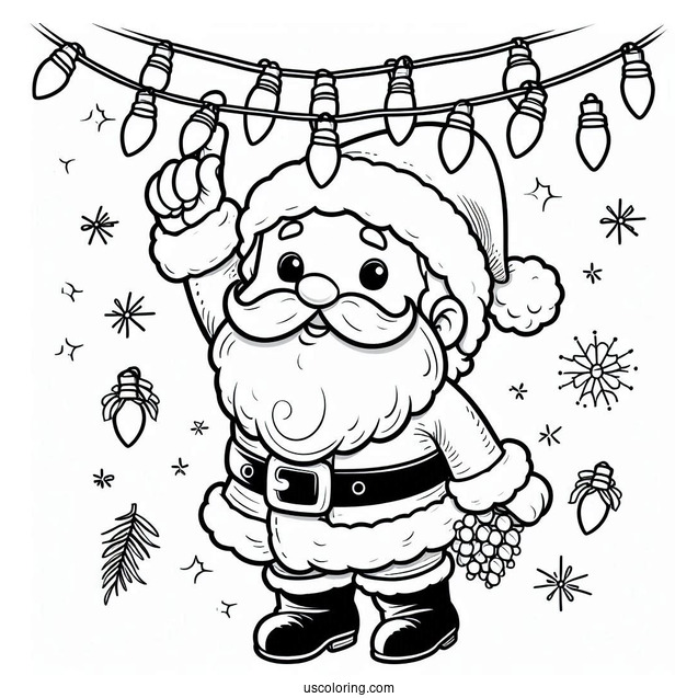 Jolly Santa Haning Up Christmas Lights To Color