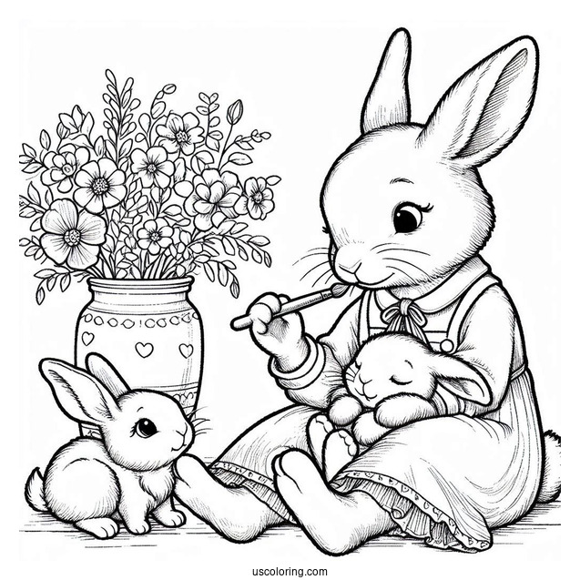 Josephine Rabbit Caring For Flopsy, Mopsy, Cotton Tail, And Peter Rabbit Coloring Page