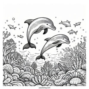 Two Dolphins Swimming On Reef Coloring Page