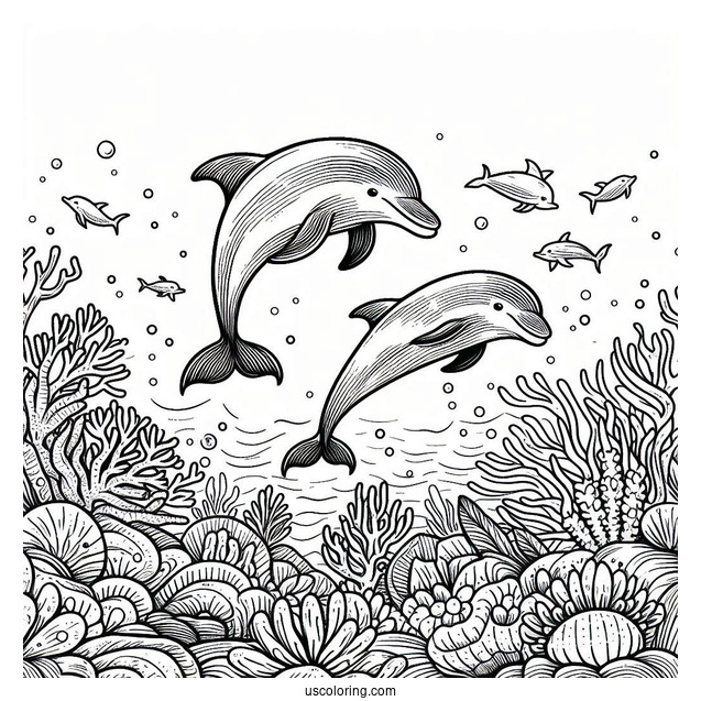 Two Dolphins Swimming On Reef Coloring Page