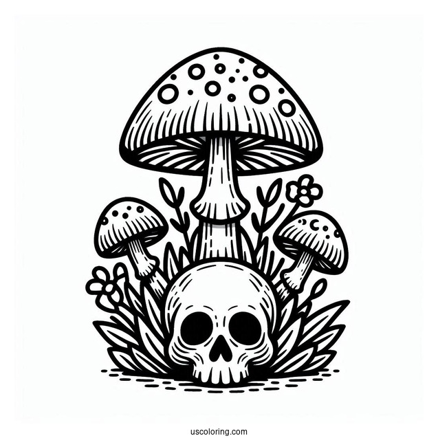 Mushroom Coloring Page Growing Around A Skull