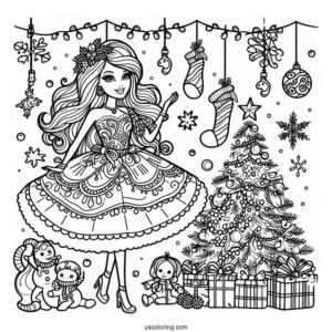 Christmas Themed Barbie Coloring Page