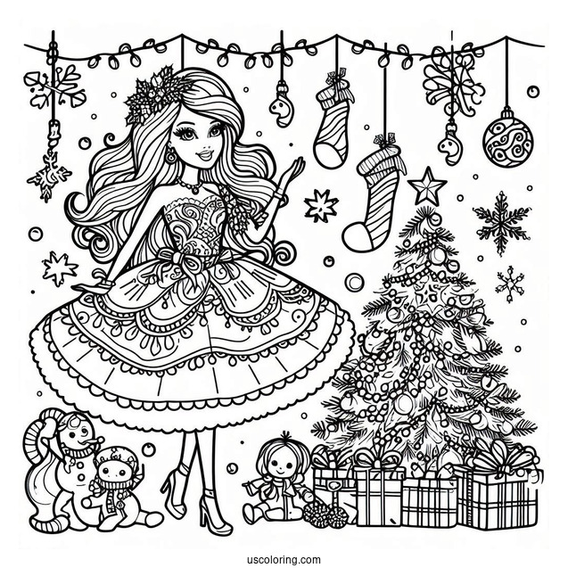 Christmas Themed Barbie Coloring Page