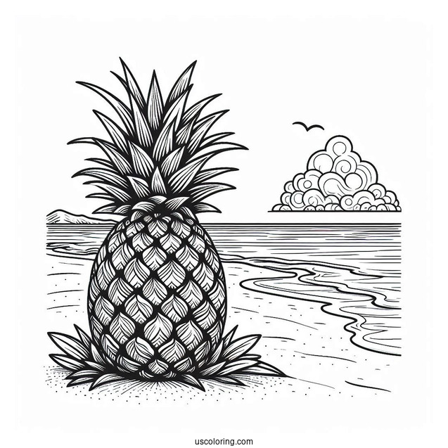 Detailed Pineapple On Beach Coloring Page