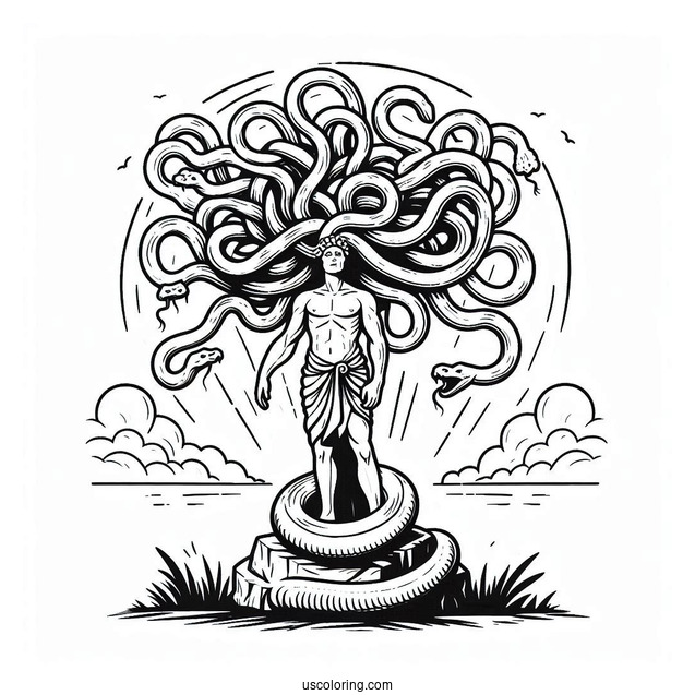 Medusa Coloring Page With Giant Snake Standing On Man Who Turned To Stone