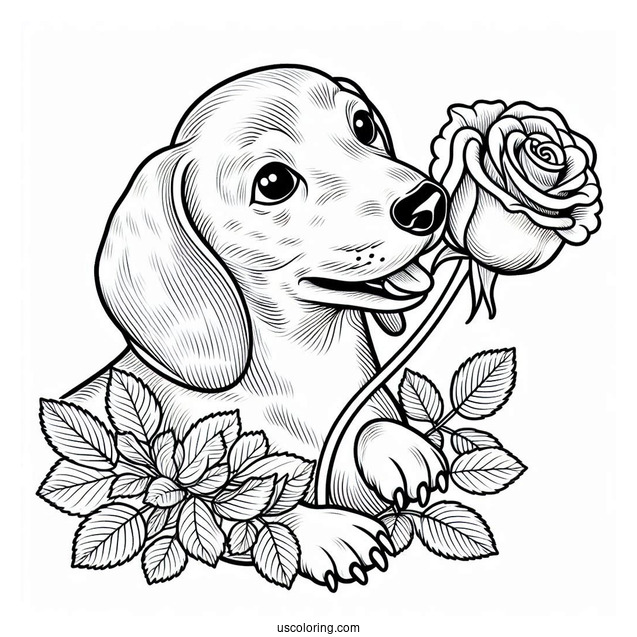 Dachshund Coloring Page Biting Down Rose