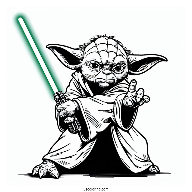 Yoda Fighting With Lightsaber Coloring In For Kids