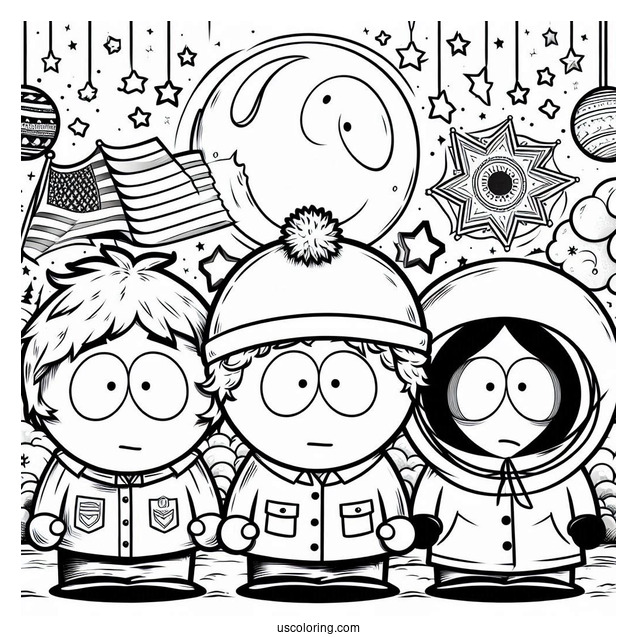Eric, Stan, Kenny, And Kyle In Front Of South Park Coloring Page