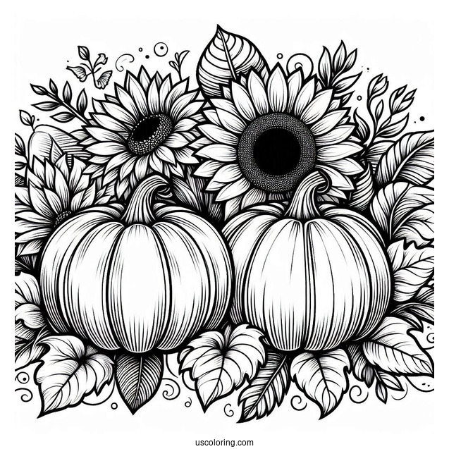 Two Large Pumpkin Coloring Page With Sunflower And Leaves