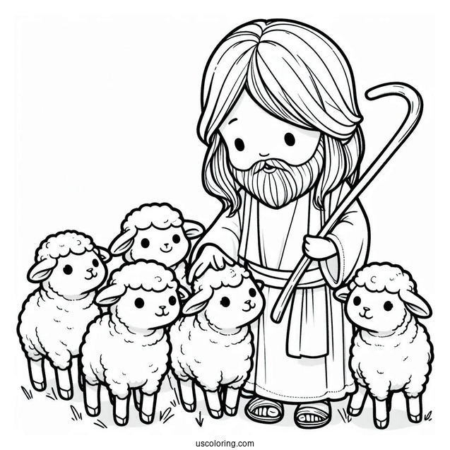 Easy Cute Cartoon Jesus With Lambs Coloring In