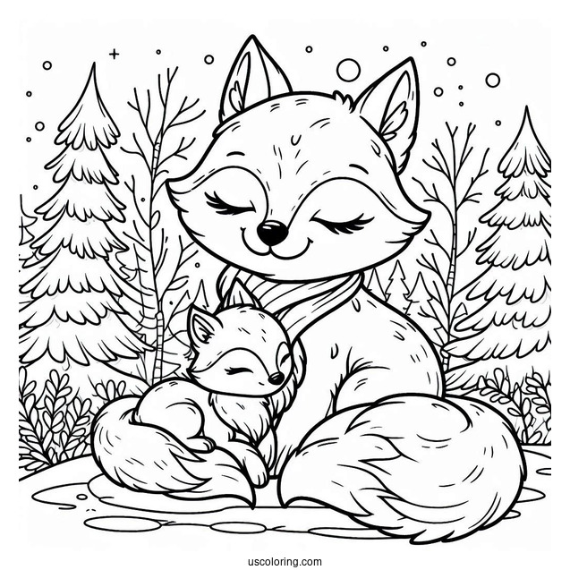 Mama Fox Coloring Page Cuddling With Baby Fox In Snowy Forest