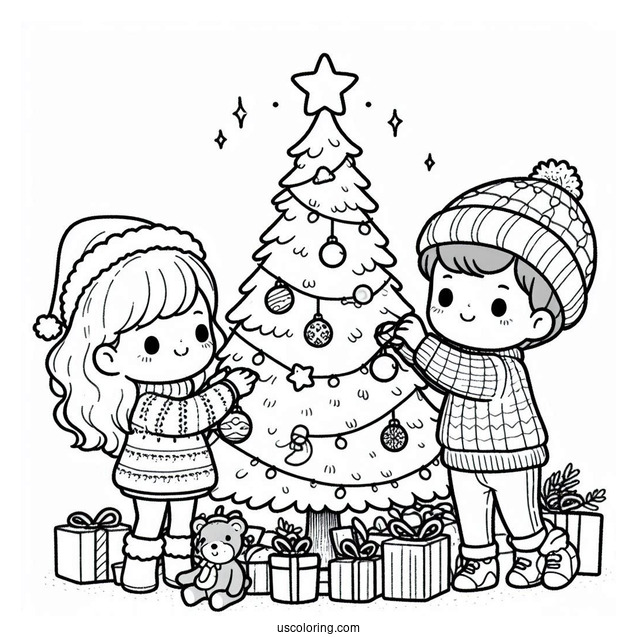 Children Decorating a Christmas Tree To Color